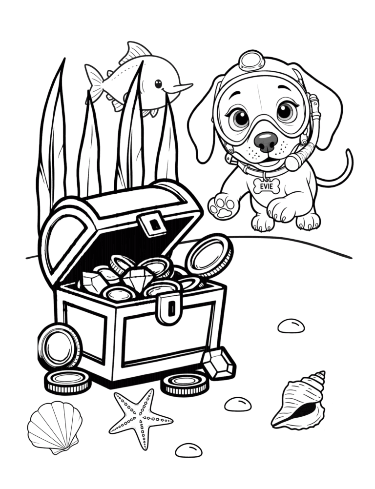 Printable treasure chest ocean coloring page for kids ages 3–8