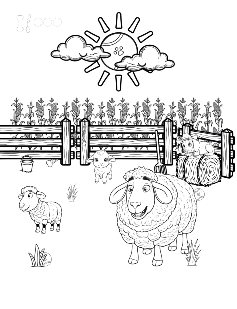 Printable sheep at the fence farm coloring page for kids ages 3–8