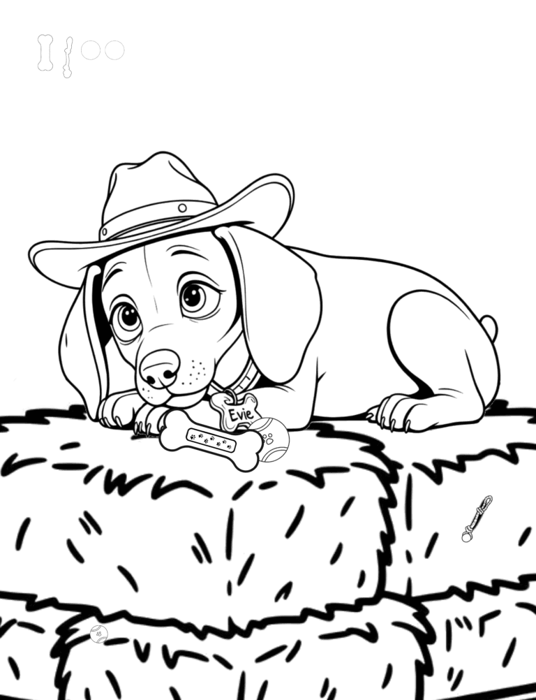 Printable puppy on a hay bale farm coloring page for kids ages 3–8