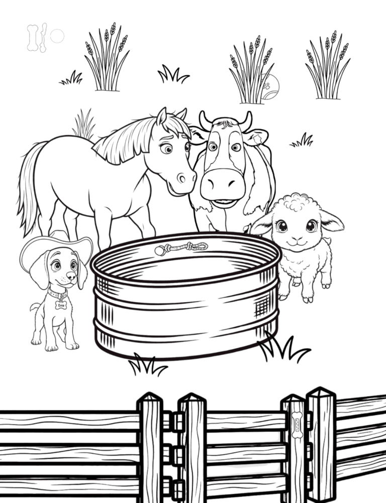Printable farm animals at the trough coloring page for kids ages 3–8