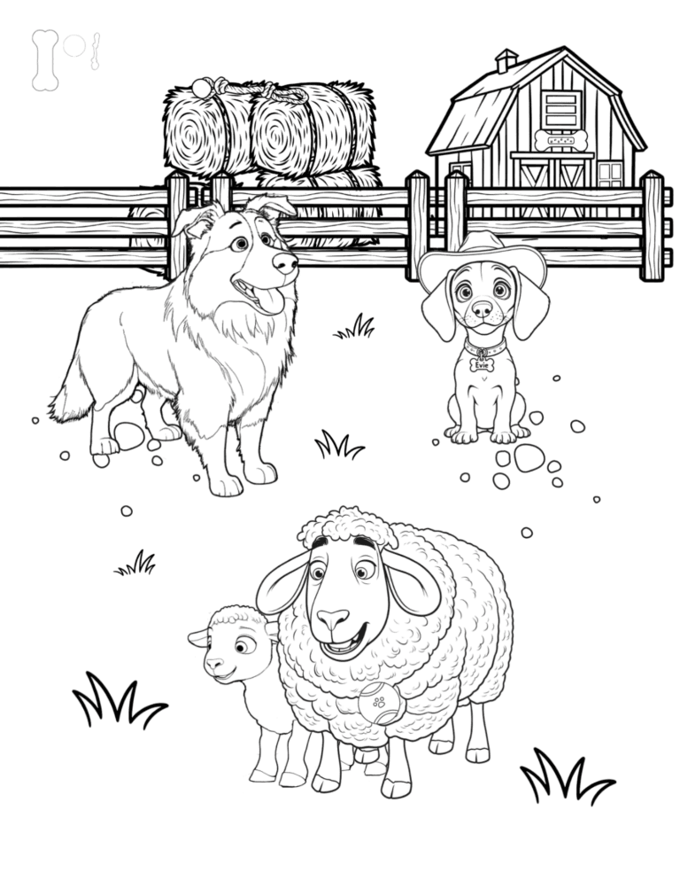 Printable farm dog and lamb coloring page for kids ages 3–8