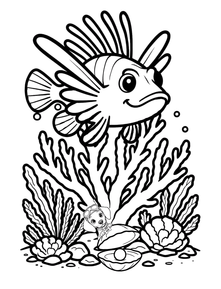 Printable lionfish reef ocean coloring page for kids ages 3–8