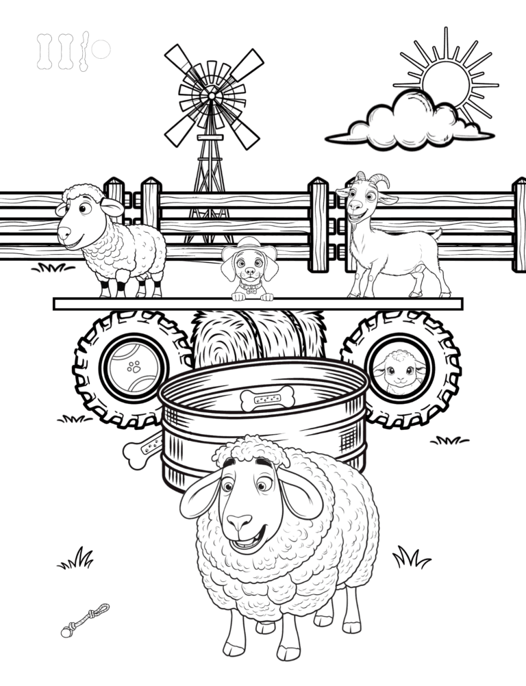 Printable sheep and windmill farm coloring page for kids ages 3–8