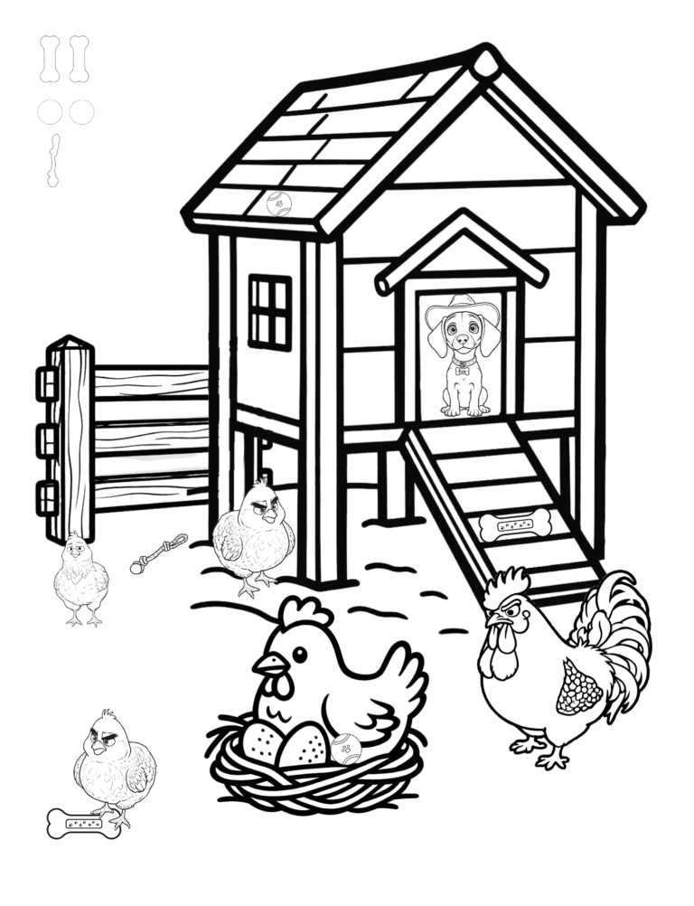 Printable chicken coop farm coloring page for kids ages 3–8