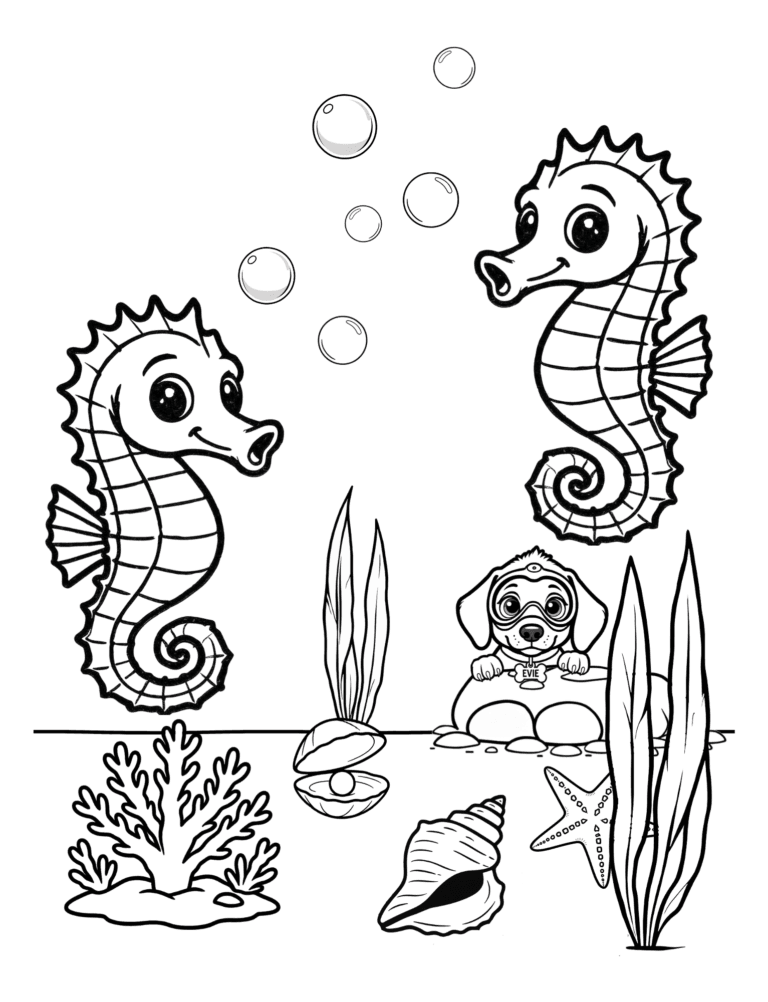 Printable seahorses ocean coloring page for kids ages 3–8