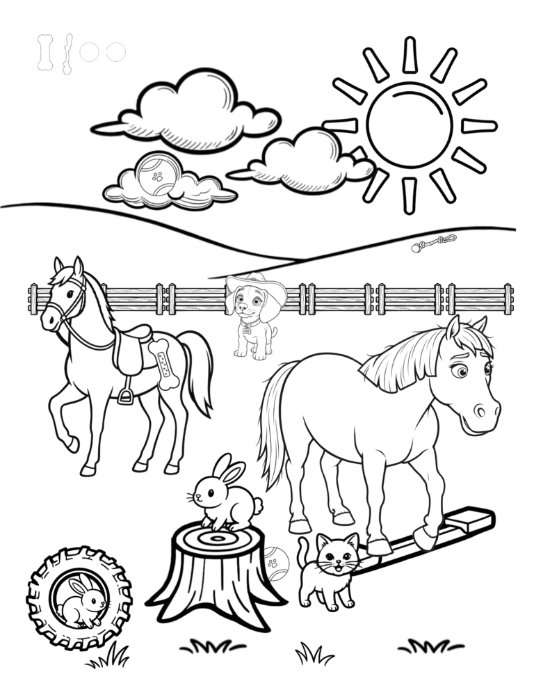 Printable ponies farm coloring page for kids ages 3–8