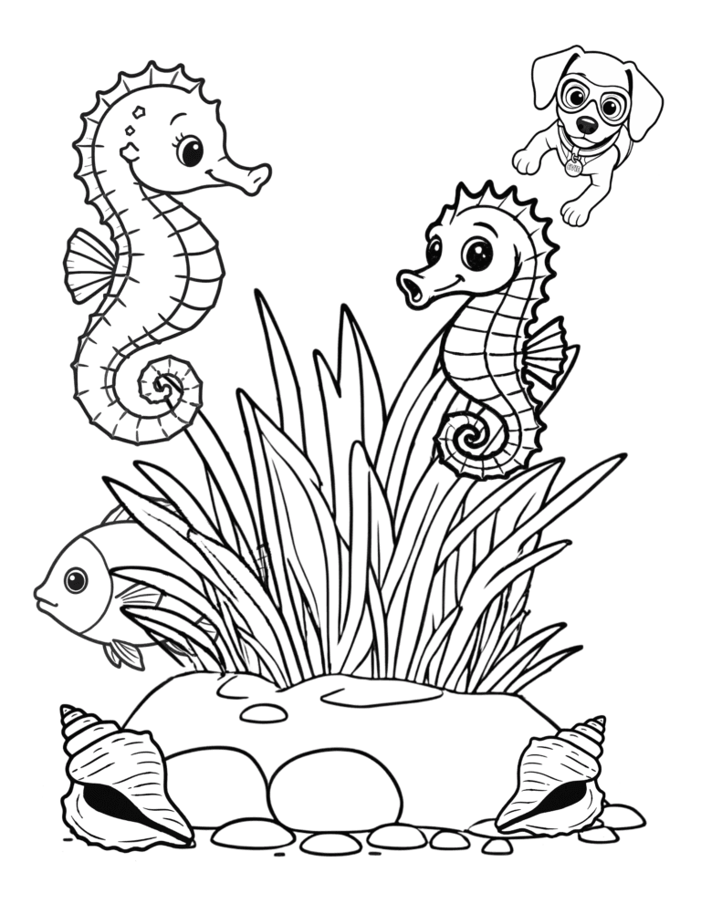 Printable seahorse garden ocean coloring page for kids ages 3–8