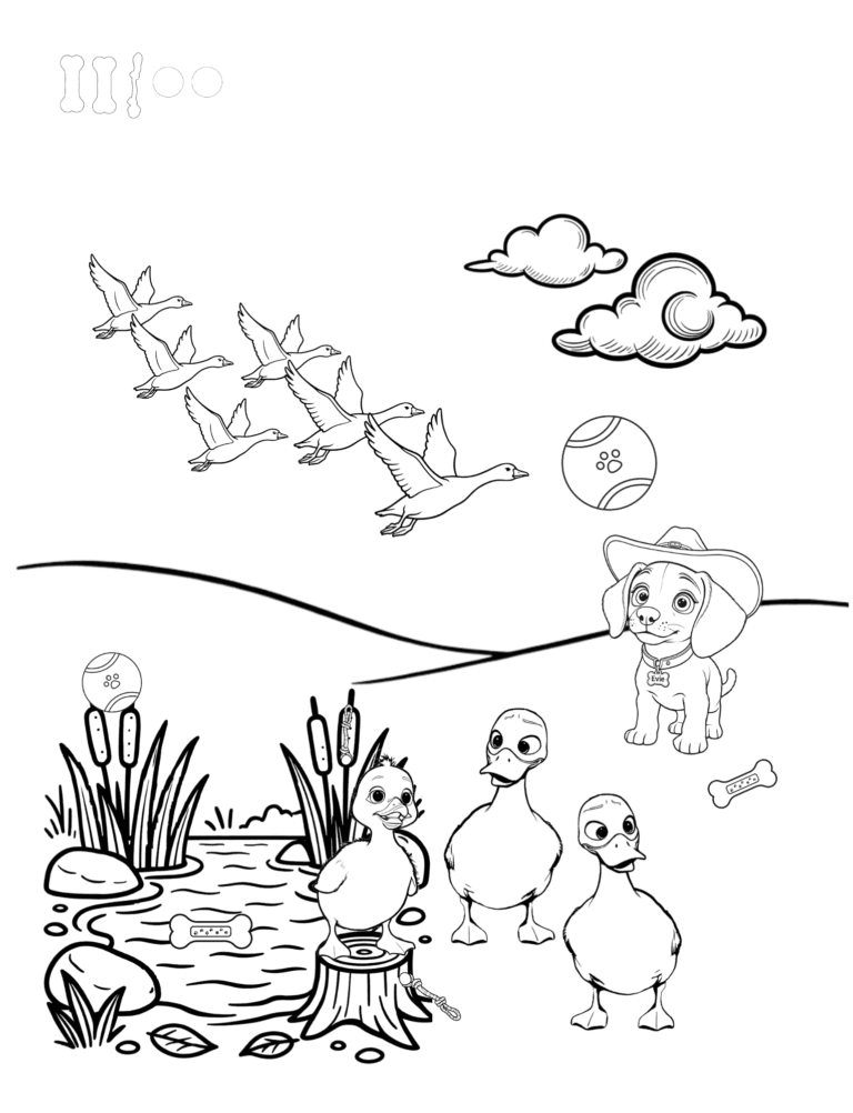 Printable ducks by the pond farm coloring page for kids ages 3–8