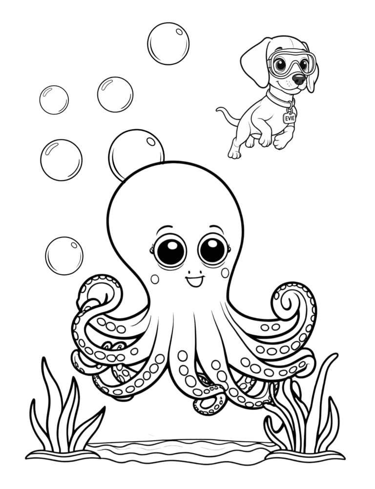 Printable baby octopus ocean coloring page for kids ages 3–8