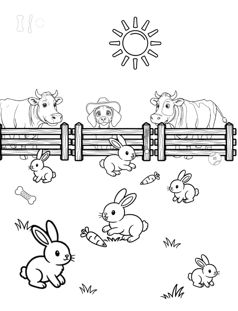 Printable bunnies and pumpkins farm coloring page for kids ages 3–8