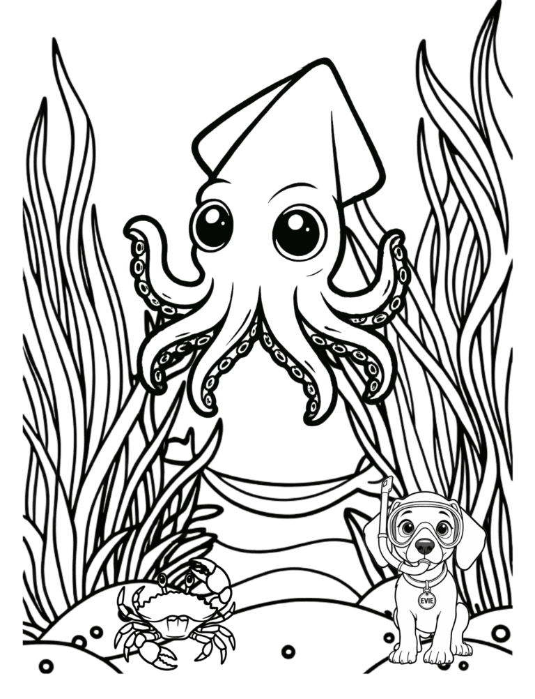 Printable squid ocean coloring page for kids ages 3–8