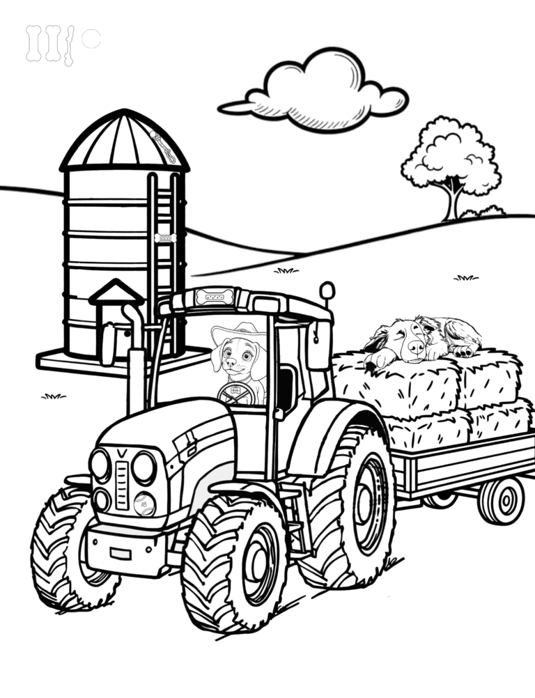 Printable tractor and hay wagon farm coloring page for kids ages 3–8