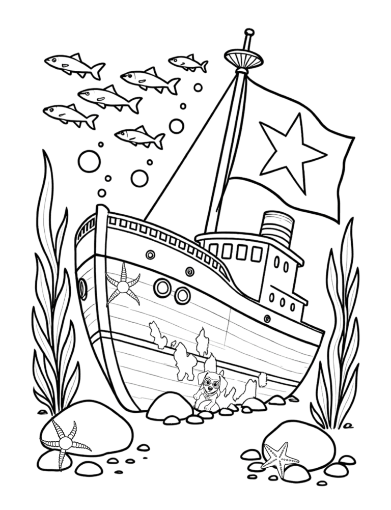 Printable shipwreck ocean coloring page for kids ages 3–8