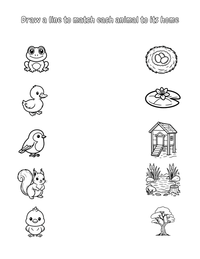 Printable Match the animal to its home activity for kids ages 3–8