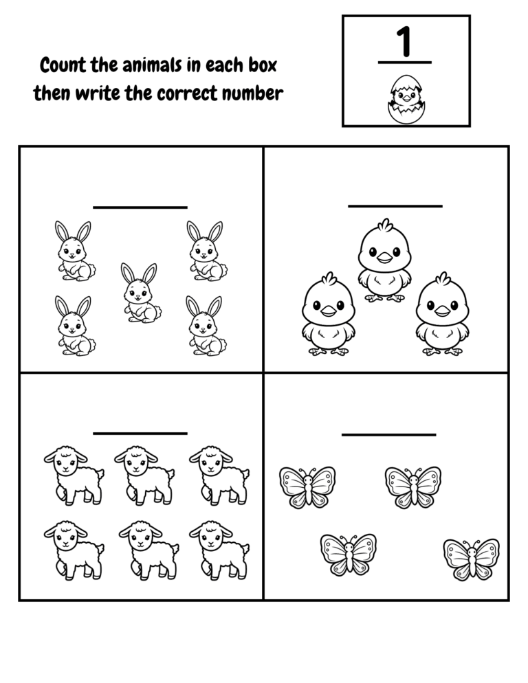 Printable Count the spring animals for kids ages 3–8