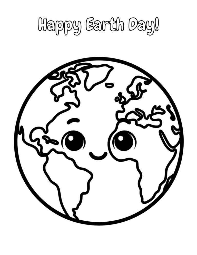 Printable Happy Earth Day globe coloring page for kids ages 3–8