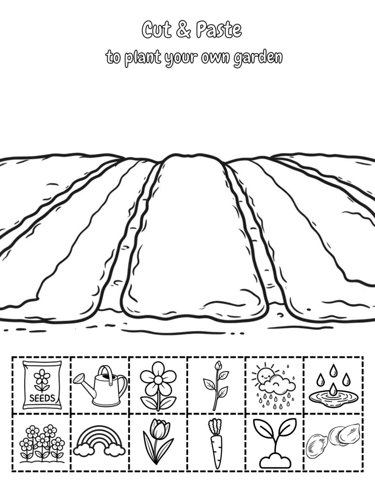 Printable Garden cut and paste activity for kids ages 3–8