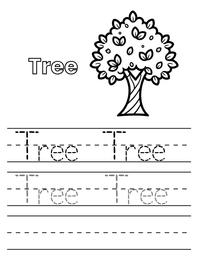 Printable Trace the word: tree activity for kids ages 3–8