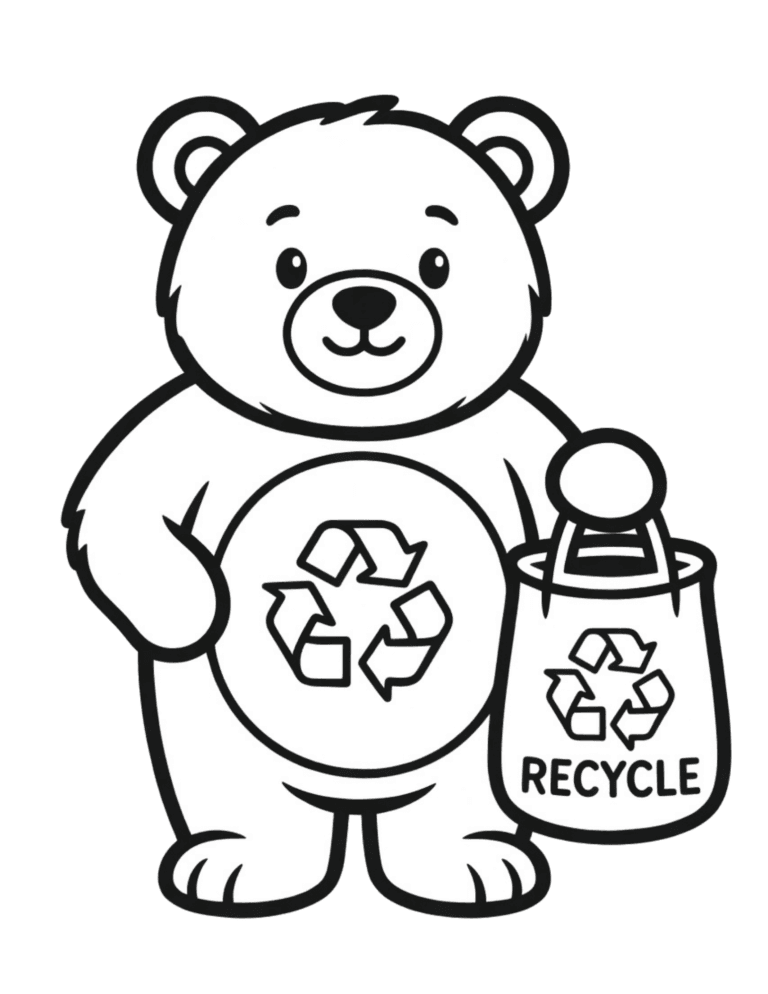 Printable Recycling bear coloring page for kids ages 3–8