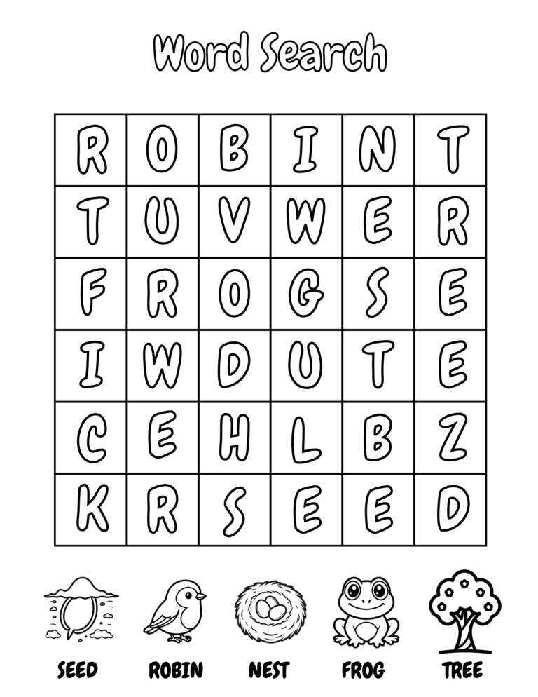 Printable Spring word search activity for kids ages 3–8