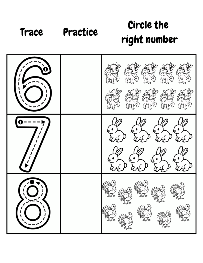 Printable Counting 6, 7 and 8 activity for kids ages 3–8