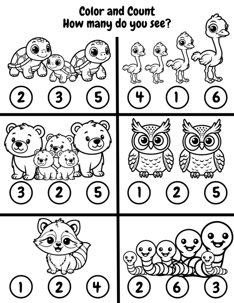 Printable Animal color and count activity for kids ages 3–8