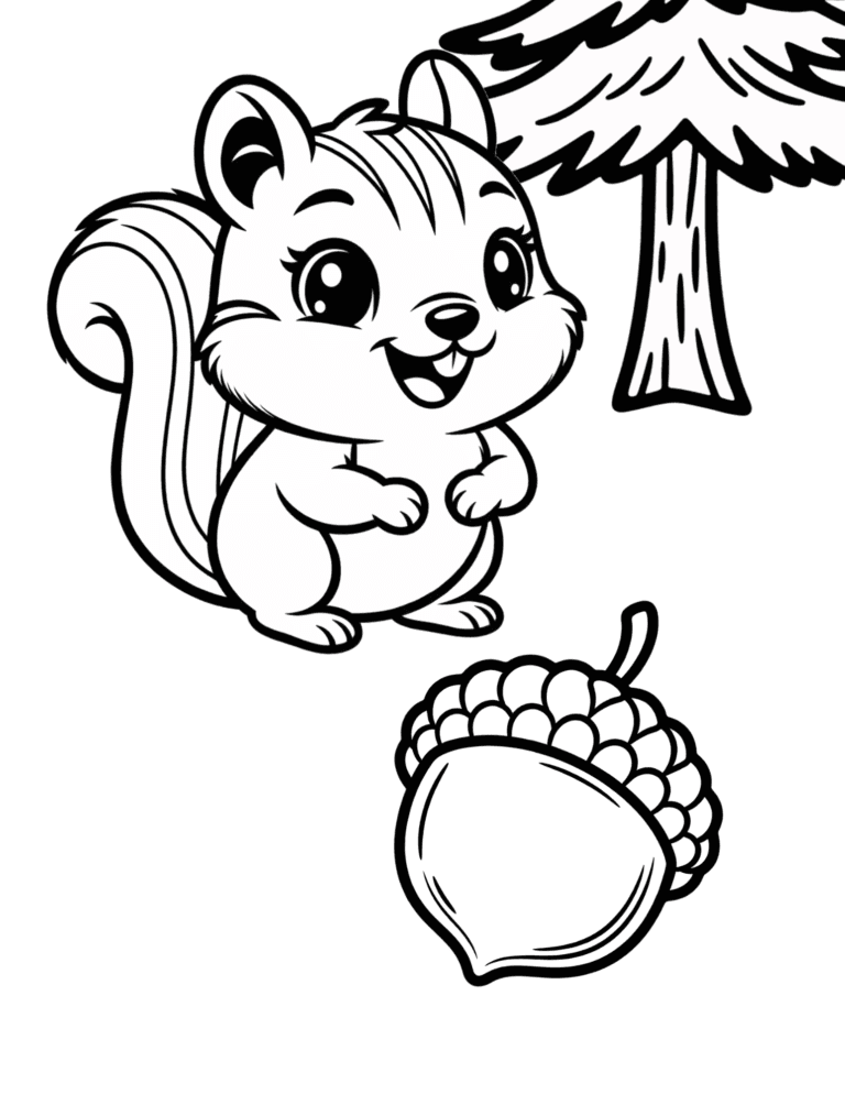 Printable Squirrel and acorn coloring page for kids ages 3–8