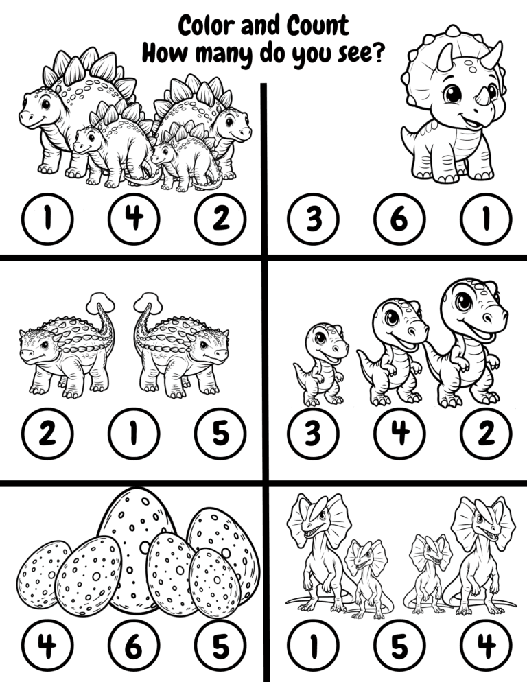 Printable Dinosaur color and count activity for kids ages 3–8