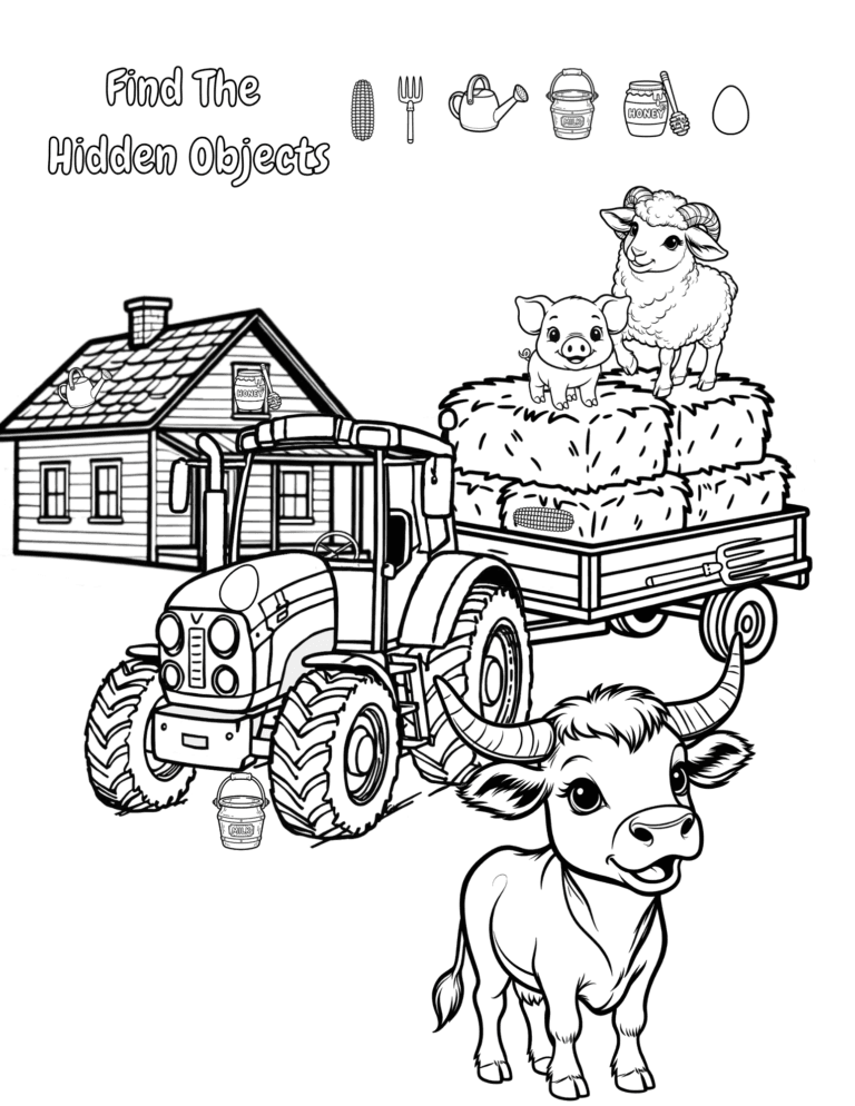 Printable Farm hidden objects activity for kids ages 3–8