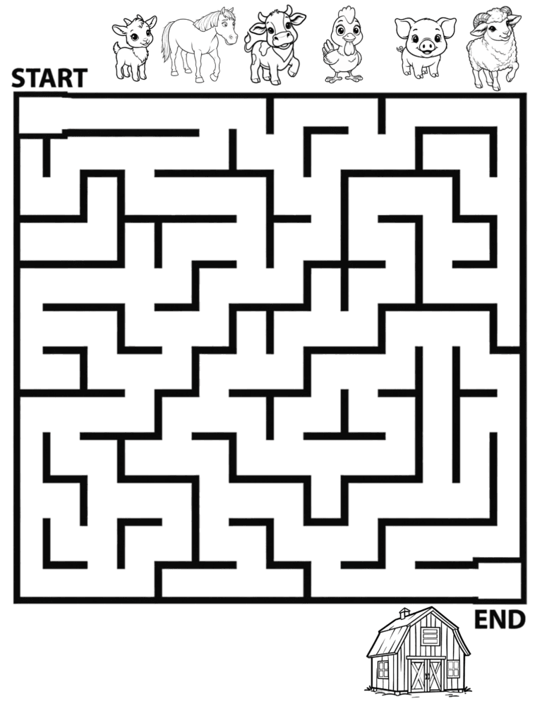 Printable Farm maze hard activity for kids ages 3–8