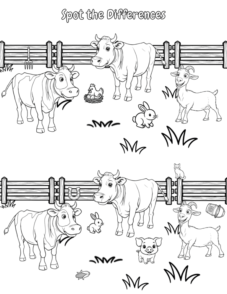 Printable Farm spot the difference activity for kids ages 3–8