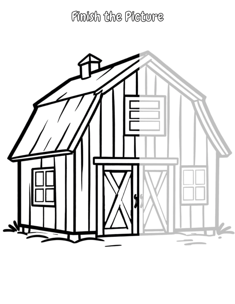 Printable Finish the barn activity for kids ages 3–8