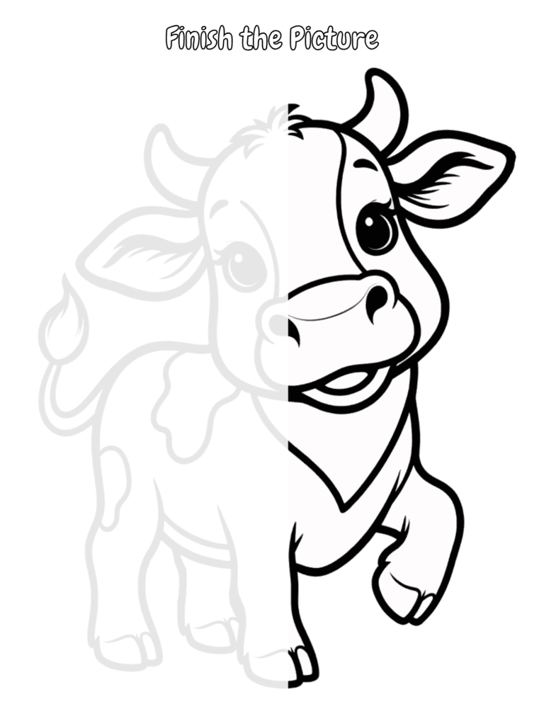 Printable Finish the cow activity for kids ages 3–8