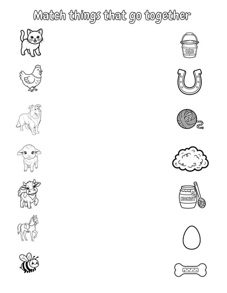 Printable Match the animal to its item activity for kids ages 3–8