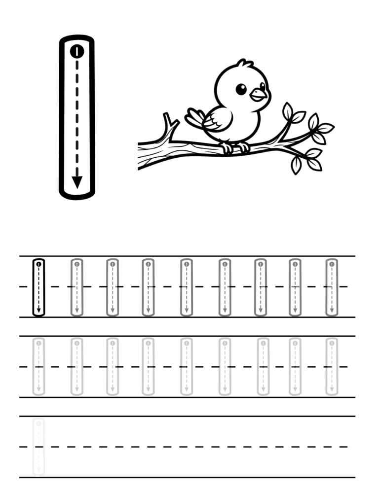Printable Number 1 tracing bird activity for kids ages 3–8