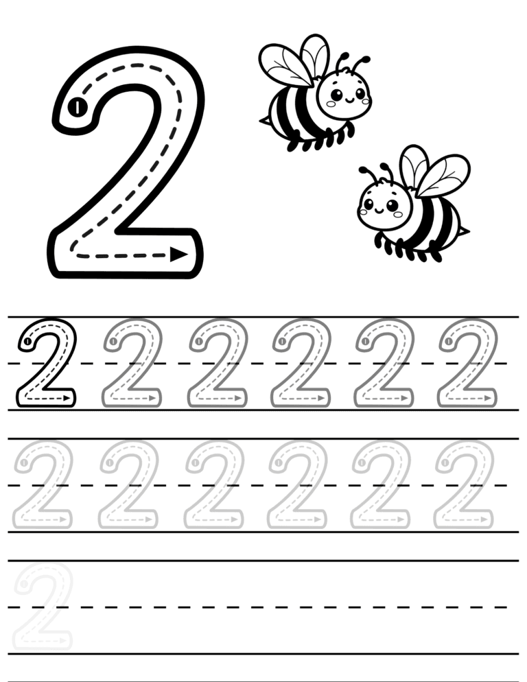 Printable Number 2 tracing bees activity for kids ages 3–8
