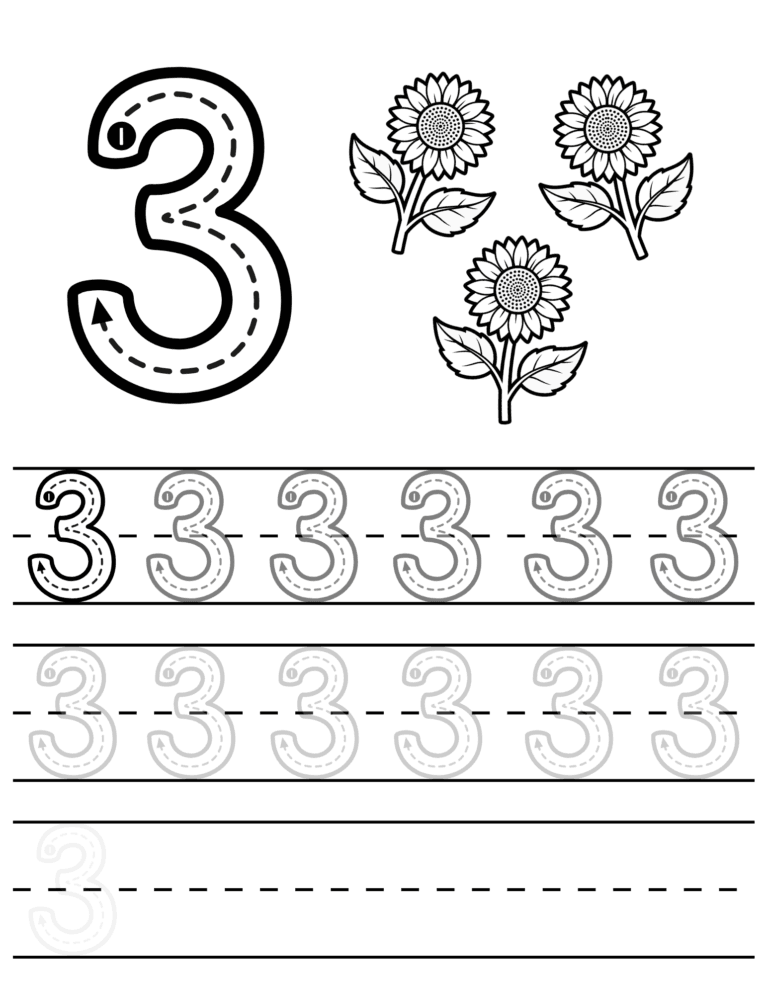 Printable Number 3 tracing sunflowers activity for kids ages 3–8
