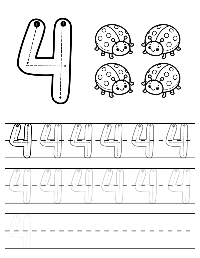 Printable Number 4 tracing ladybugs activity for kids ages 3–8