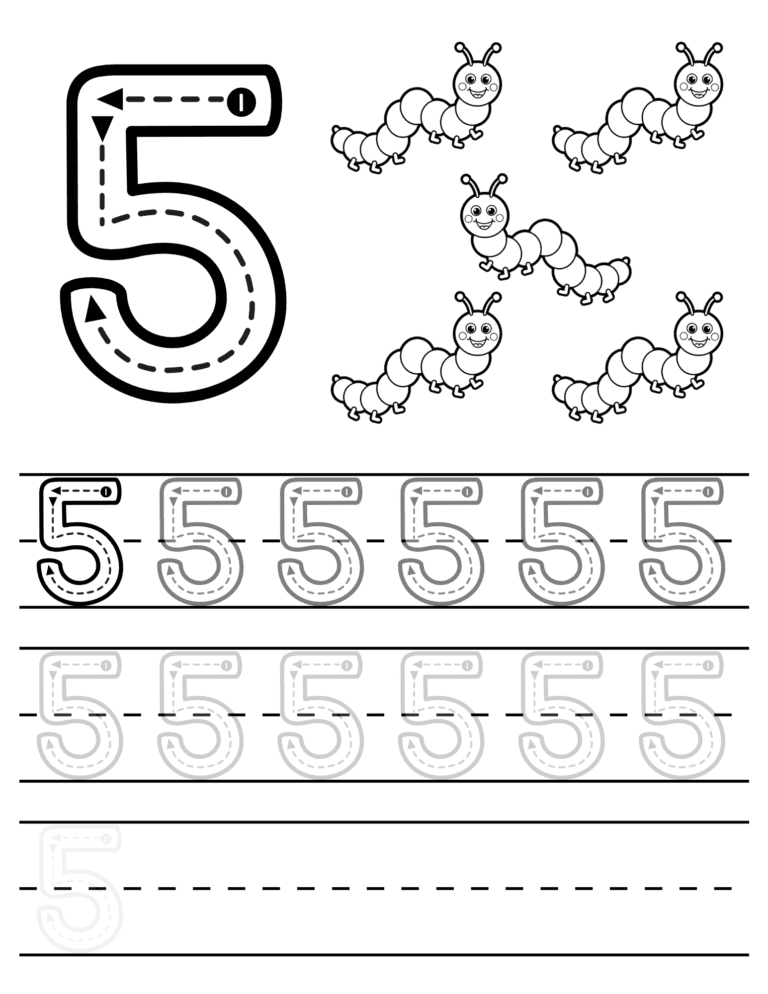 Printable Number 5 tracing caterpillars activity for kids ages 3–8