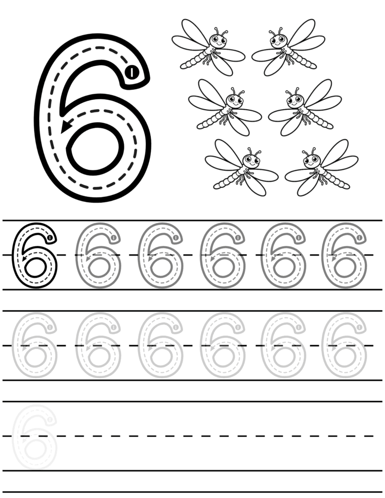 Printable Number 6 tracing dragonflies activity for kids ages 3–8