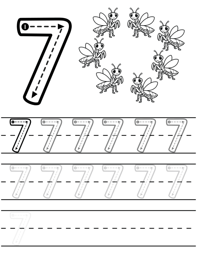Printable Number 7 tracing mantis activity for kids ages 3–8
