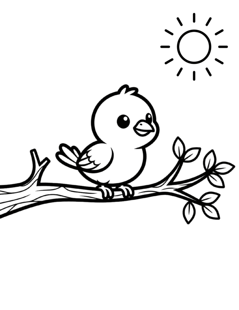 Printable Bird on a branch coloring page for kids ages 3–8