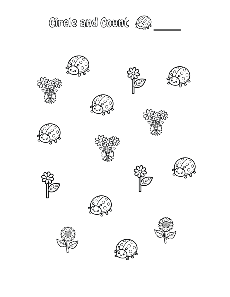 Printable Circle and count the ladybugs activity for kids ages 3–8