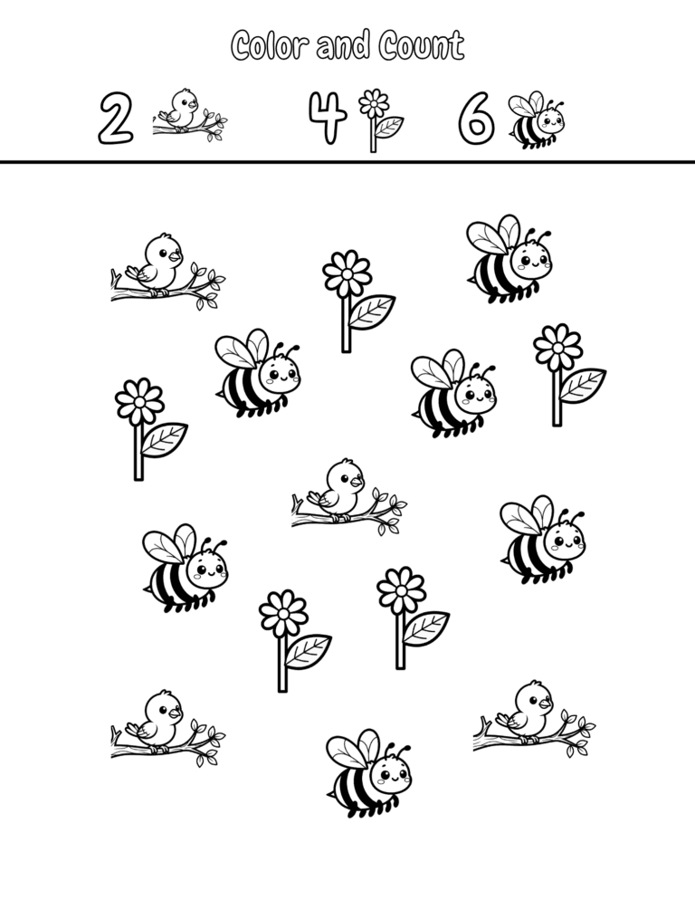 Printable Spring color and count activity for kids ages 3–8
