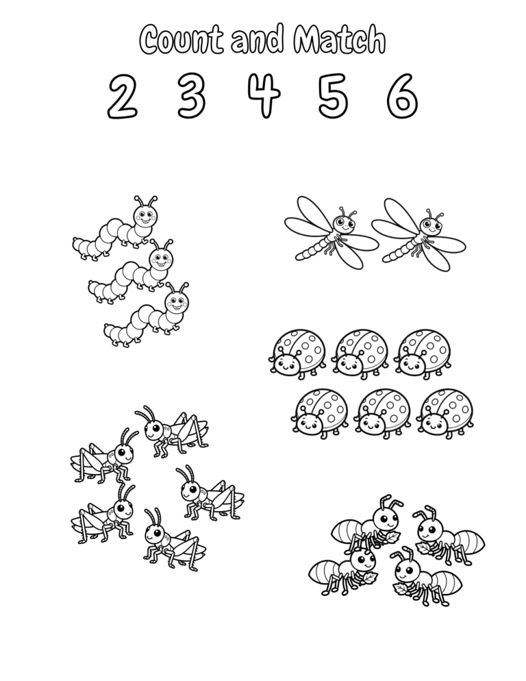 Printable Count and match the bugs activity for kids ages 3–8