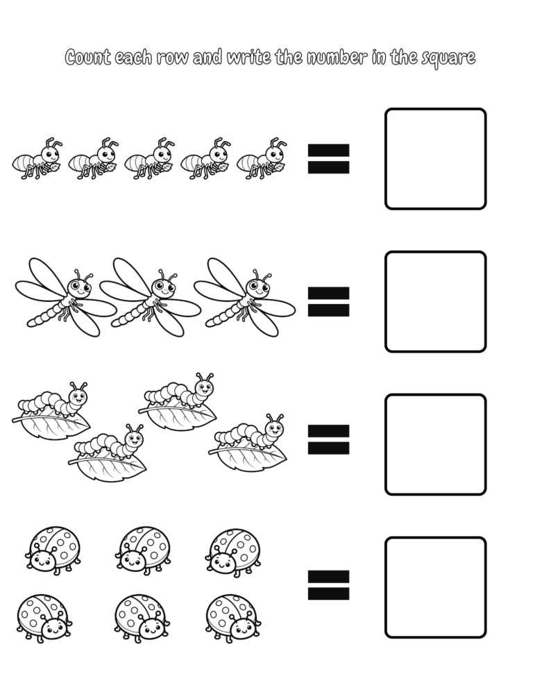 Printable Count the rows of bugs activity for kids ages 3–8