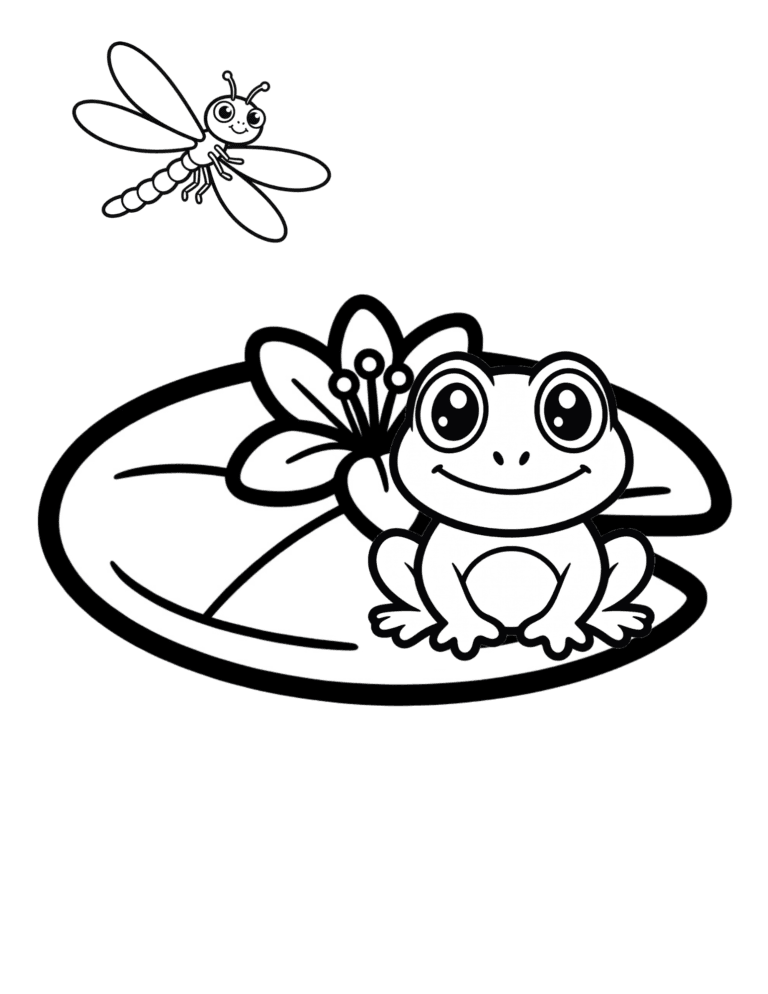 Printable Frog on a lily pad coloring page for kids ages 3–8