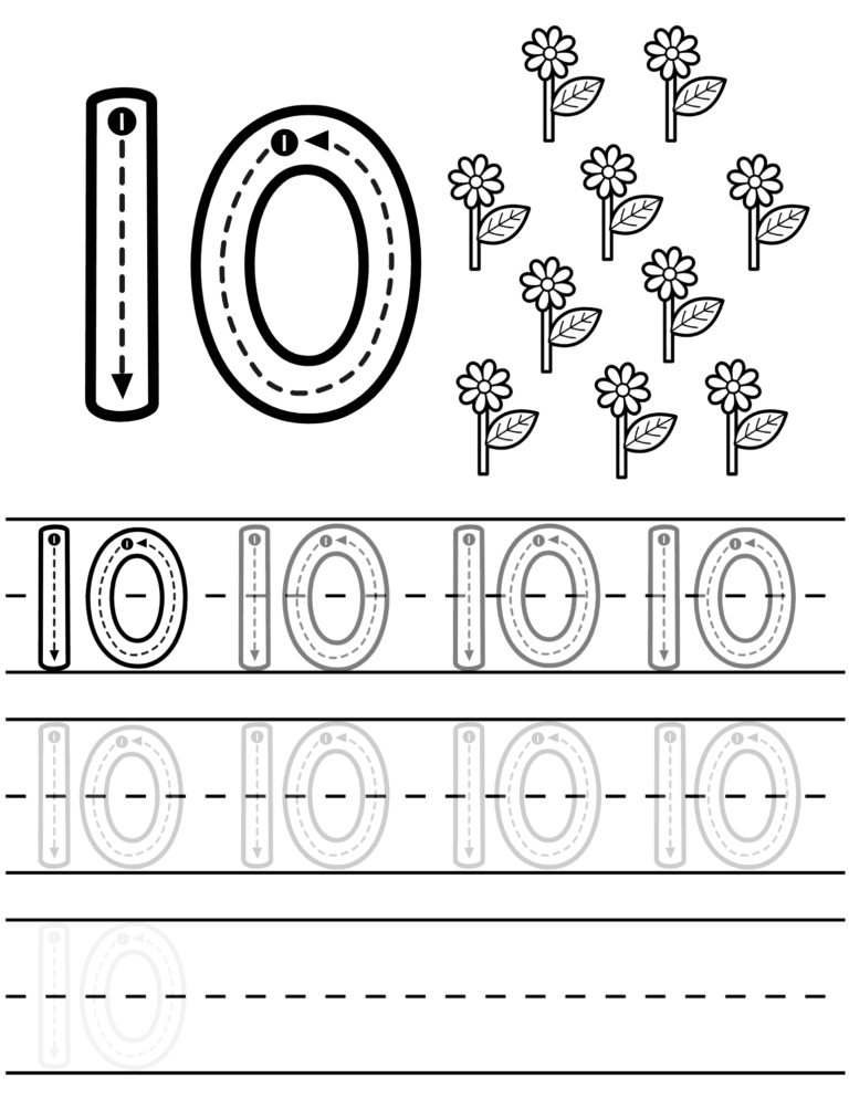 Printable Number 10 tracing flowers activity for kids ages 3–8