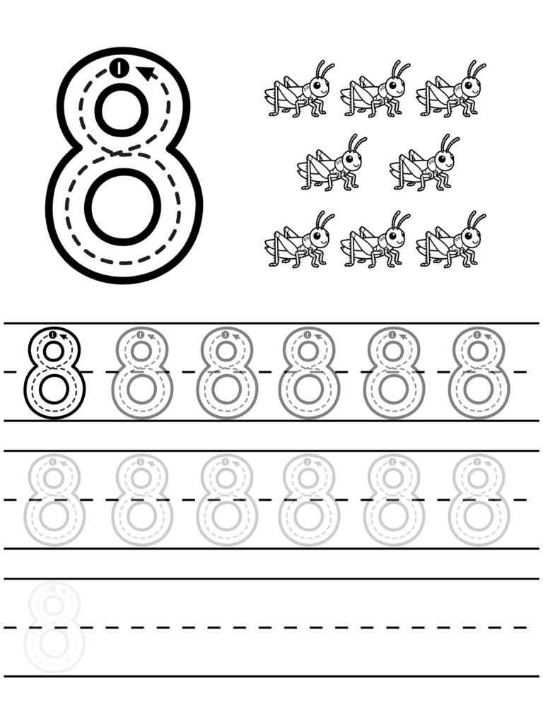 Printable Number 8 tracing grasshoppers activity for kids ages 3–8