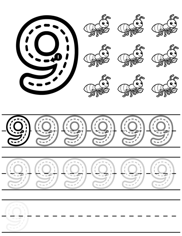 Printable Number 9 tracing ants activity for kids ages 3–8